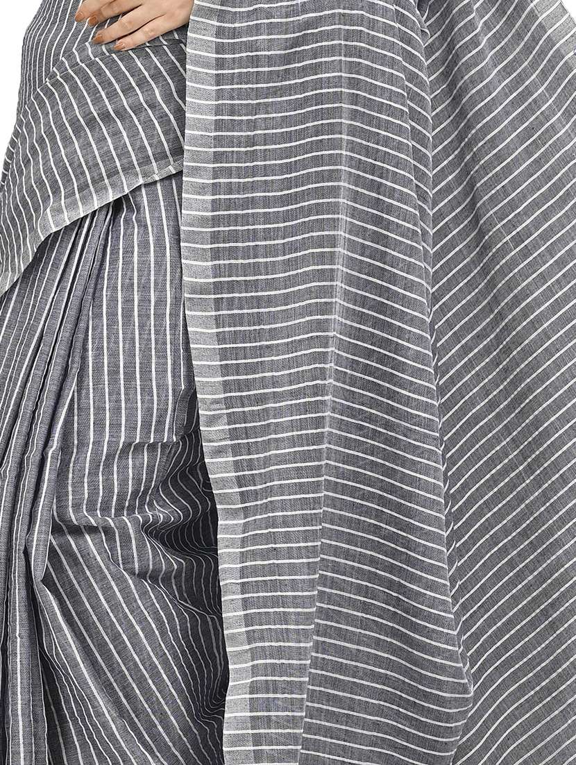 grey striped handloom saree with blouse - 20614122 - Standard Image - 3