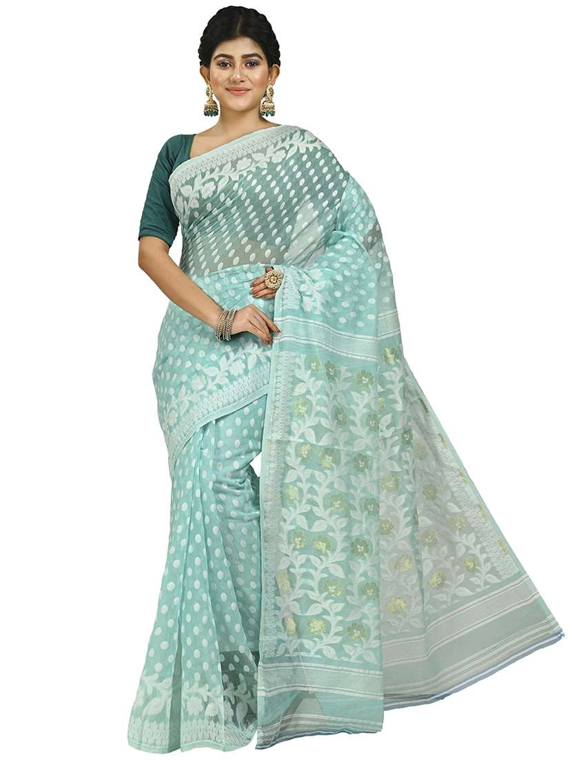 women light blue self design jamdani saree with blouse