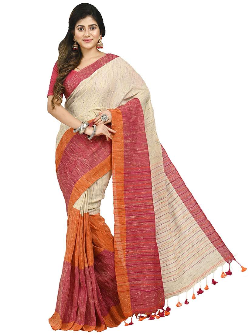 multi colored cotton blend handloom saree with blouse