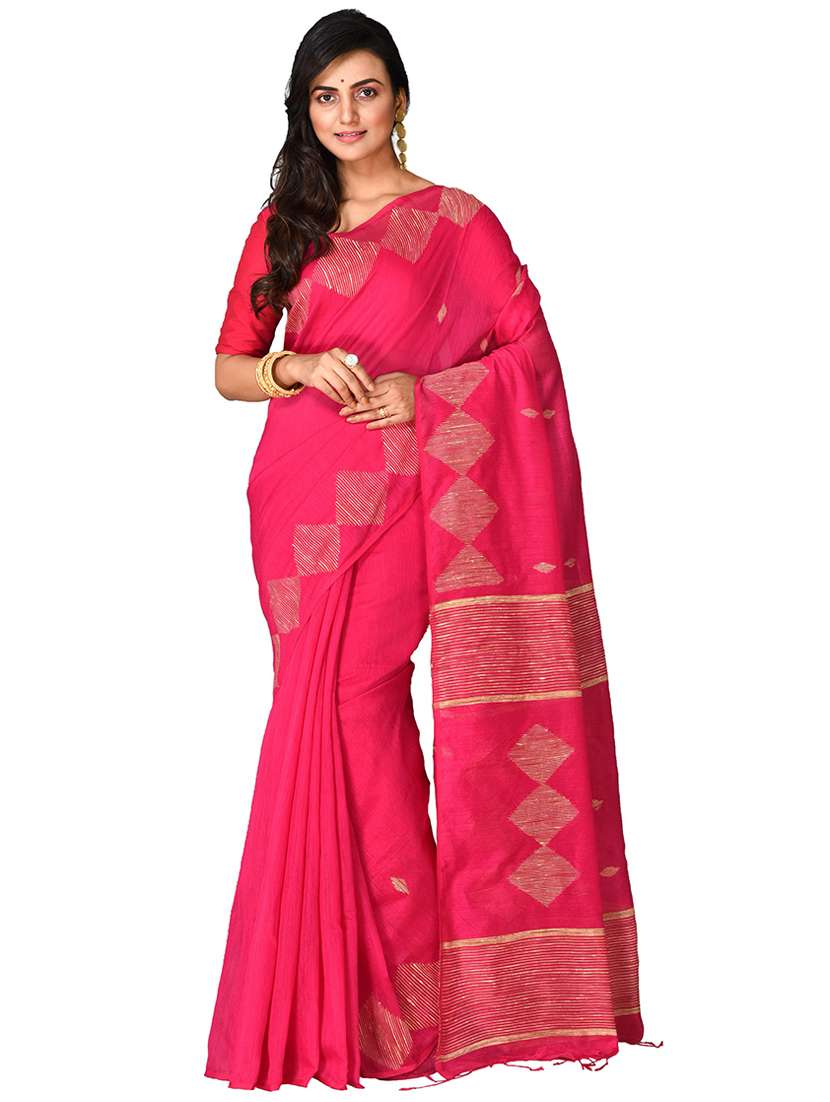 pink cotton blend handloom saree with blouse