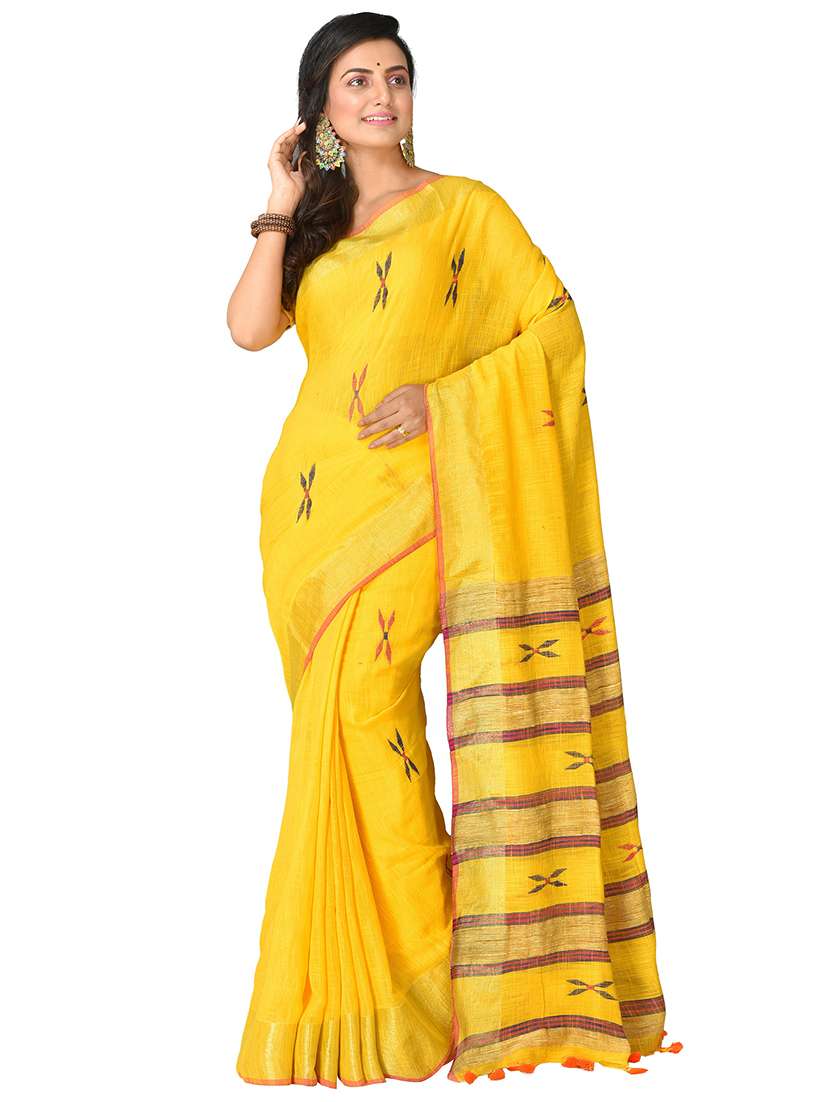 women yellow self design handloom saree with blouse