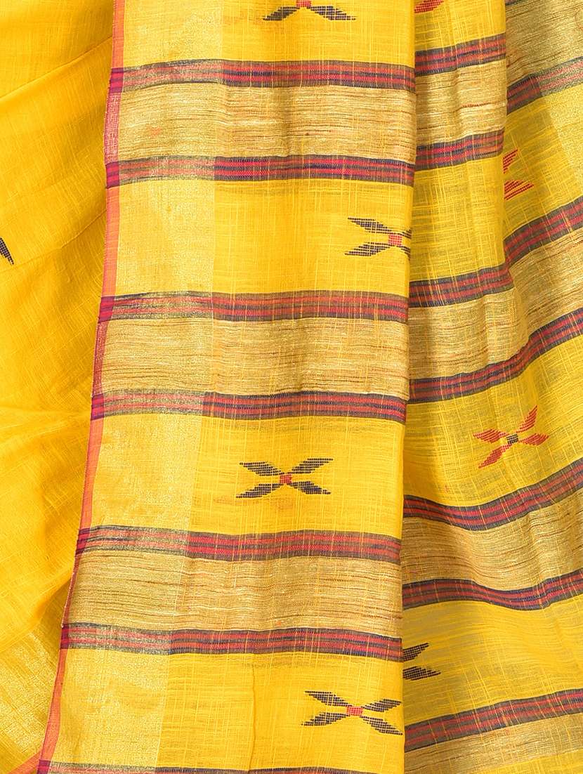 women yellow self design handloom saree with blouse - 20614148 -  Standard Image - 3