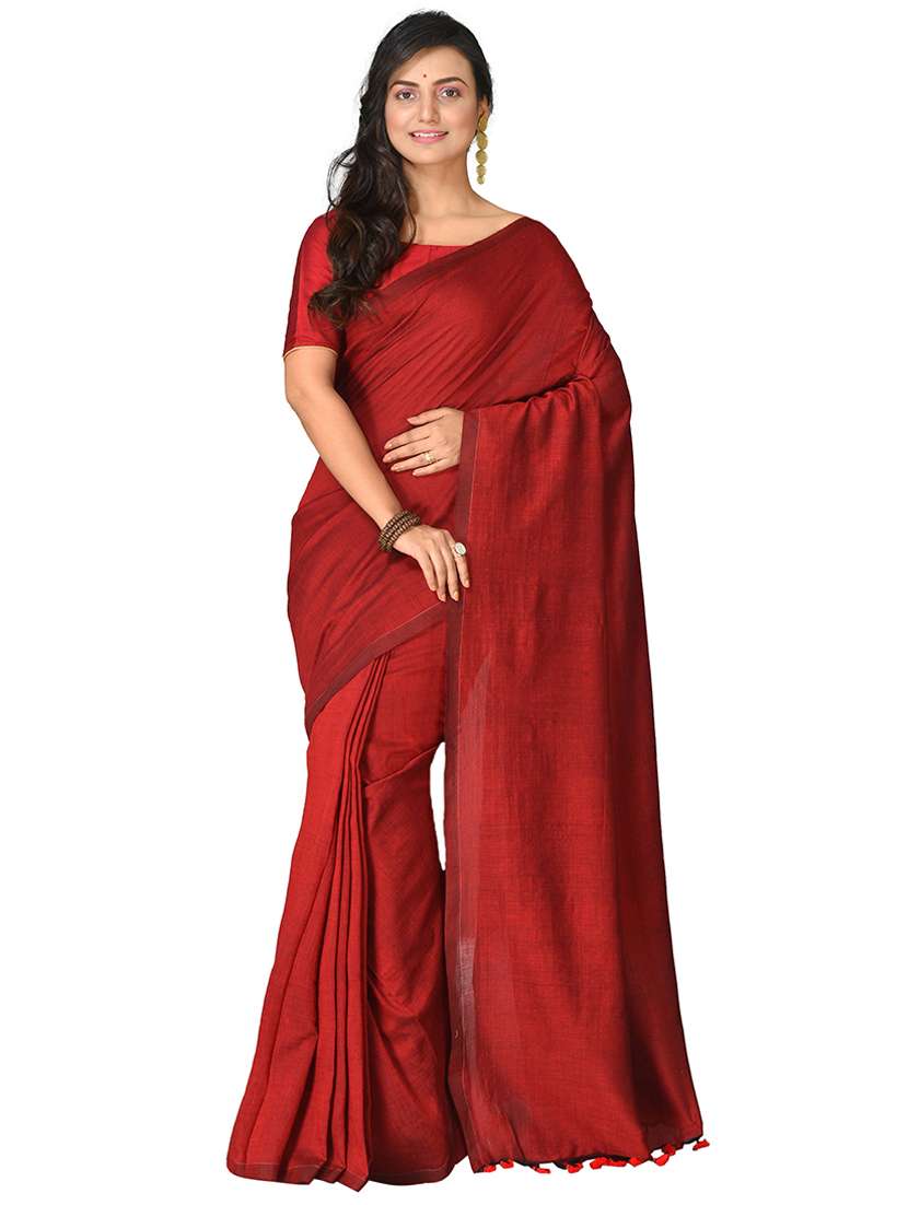 maroon solid plain saree with blouse