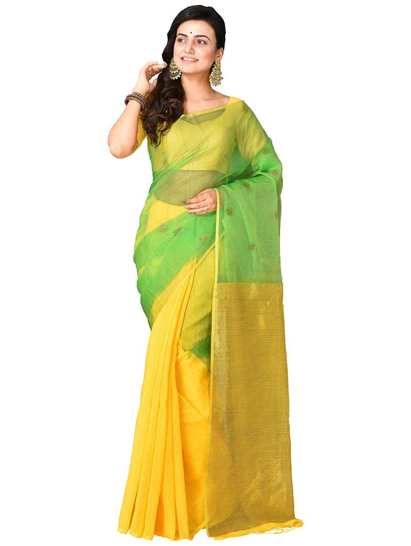 women yellow & green self design handloom saree with blouse