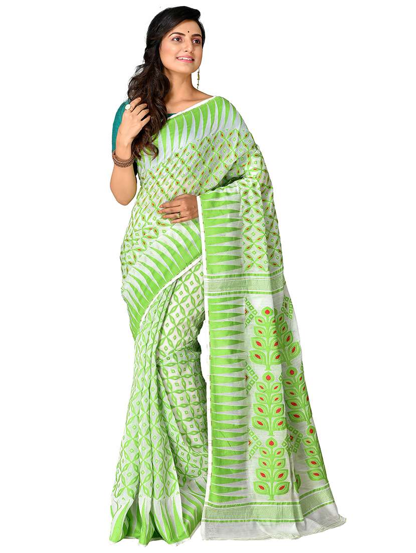green self design jamdani saree with blouse