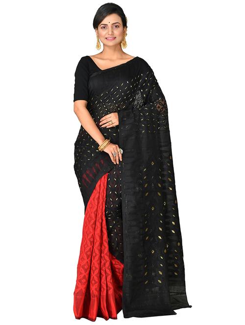 women red & black self design jamdani saree with blouse - 20614170 -  Standard Image - 0