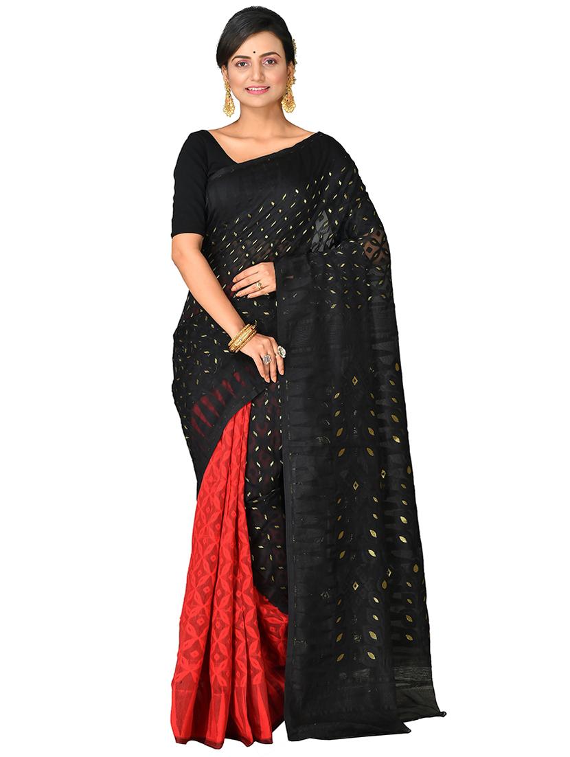 women red & black self design jamdani saree with blouse - 20614170 -  Zoom Image - 0