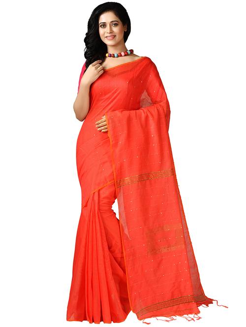 orange self design handloom saree with blouse - 20614178 - Standard Image - 0