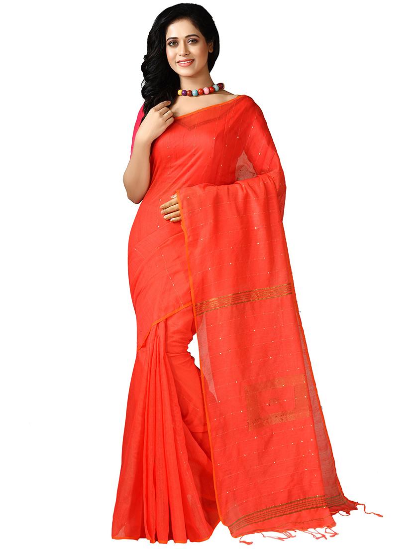 orange self design handloom saree with blouse - 20614178 - Zoom Image - 0