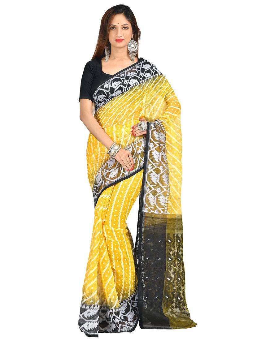 yellow self design jamdani saree with blouse - 20614182 - Zoom Image - 0