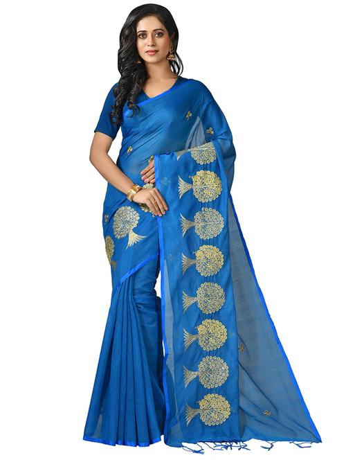 blue solid with work saree with blouse - 20614195 - Standard Image - 0