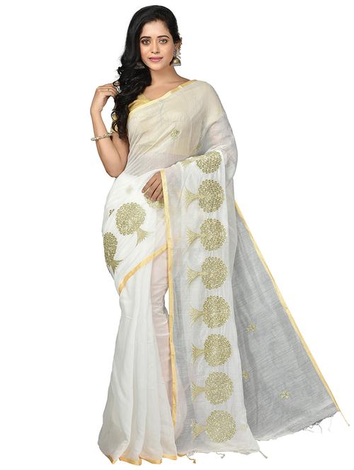 women white zari work embroidered saree with blouse - 20614220 - Standard Image - 0
