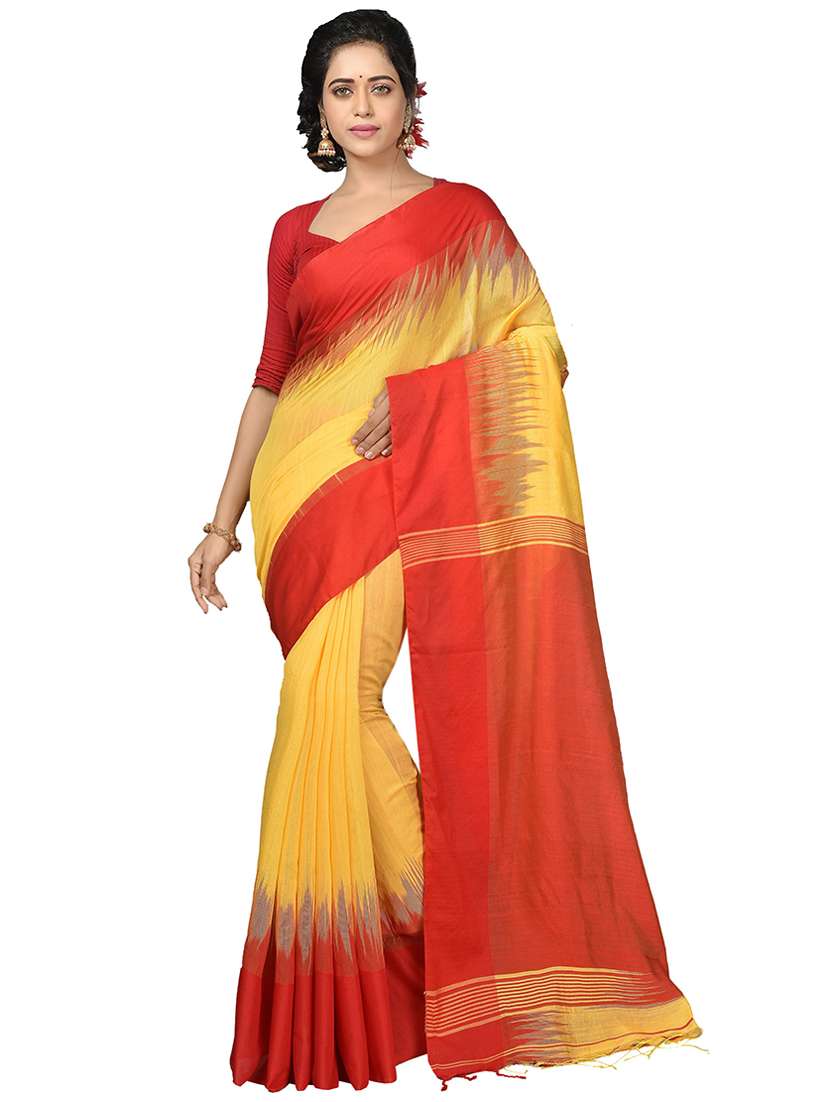 women yellow & orange self design handloom saree with blouse