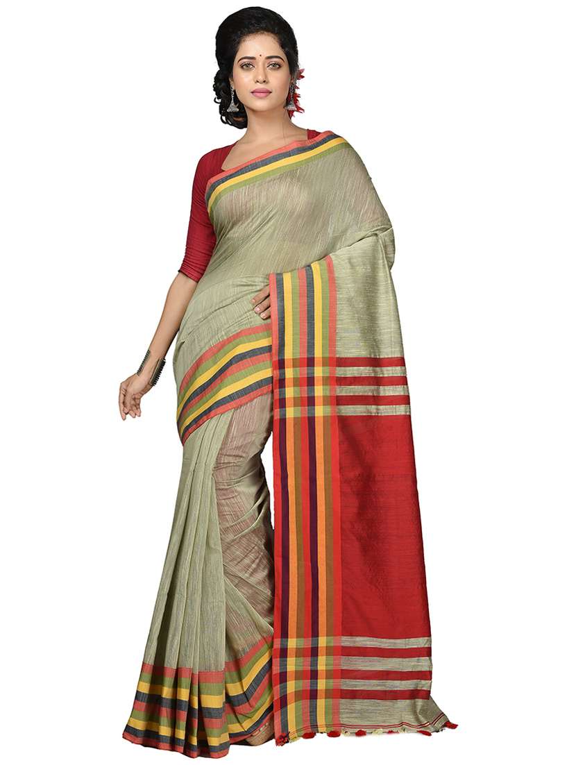 women green solid bordered saree with blouse - 20614231 - Zoom Image - 0