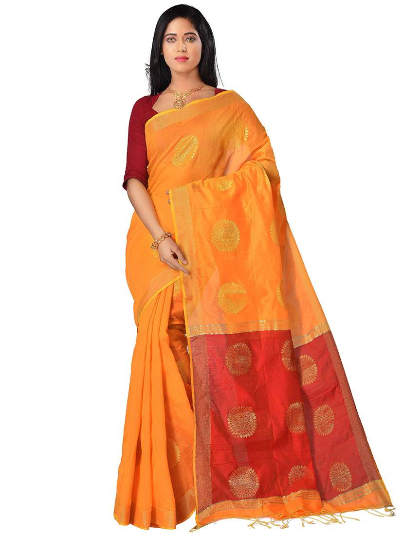 women orange self design handloom saree with blouse