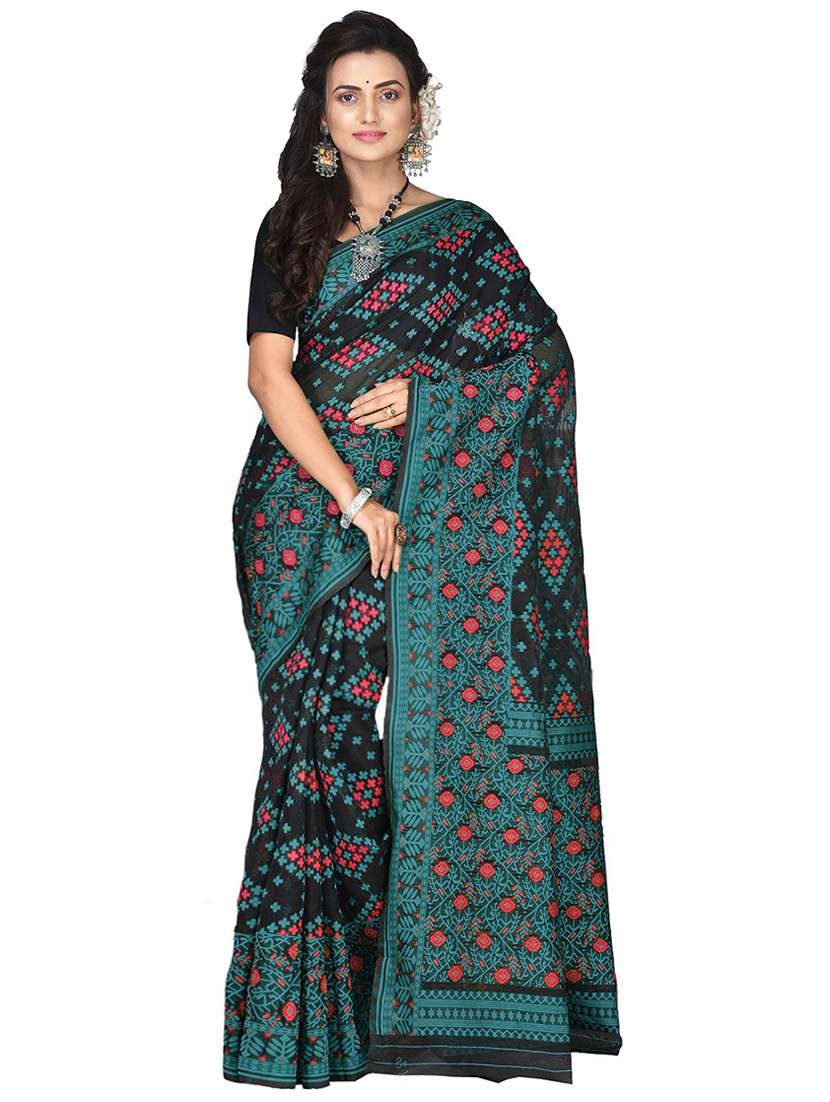 women black self design jamdani saree with blouse
