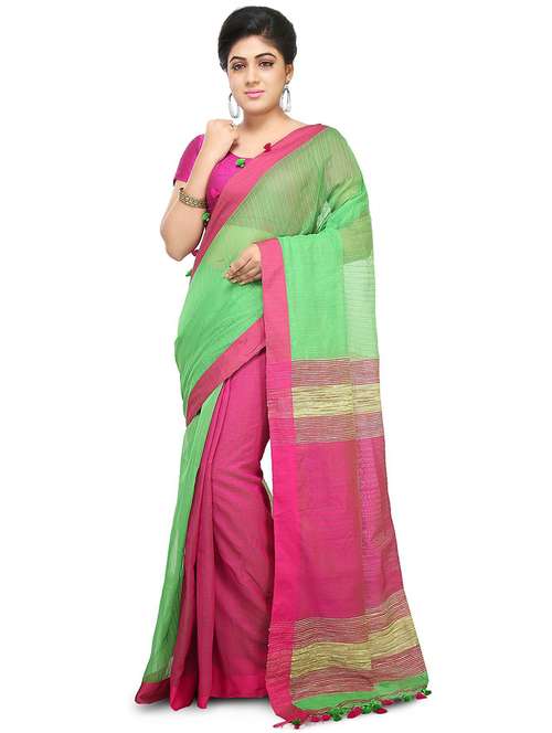 women green & pink half and half saree with blouse - 20614265 -  Standard Image - 0