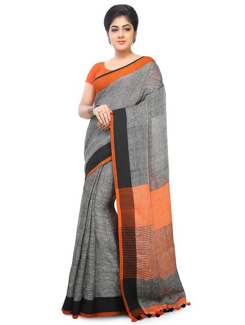 women grey solid handloom saree with blouse - 20614266 - Standard Image - 0