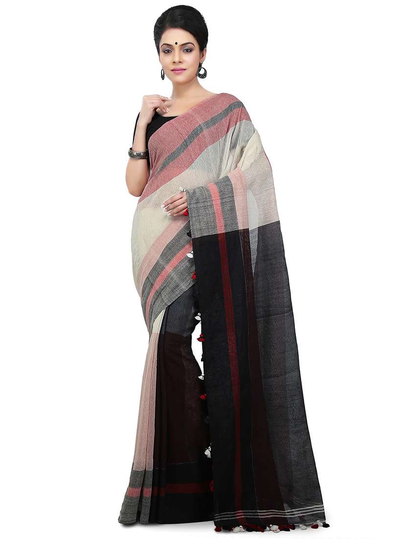 women beige & black solid handloom saree with blouse