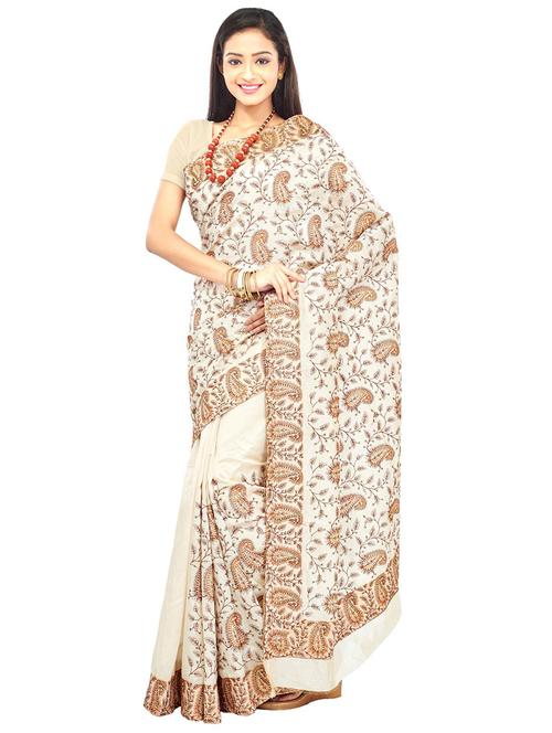 women white paisley printed saree with blouse - 20614301 -  Standard Image - 0
