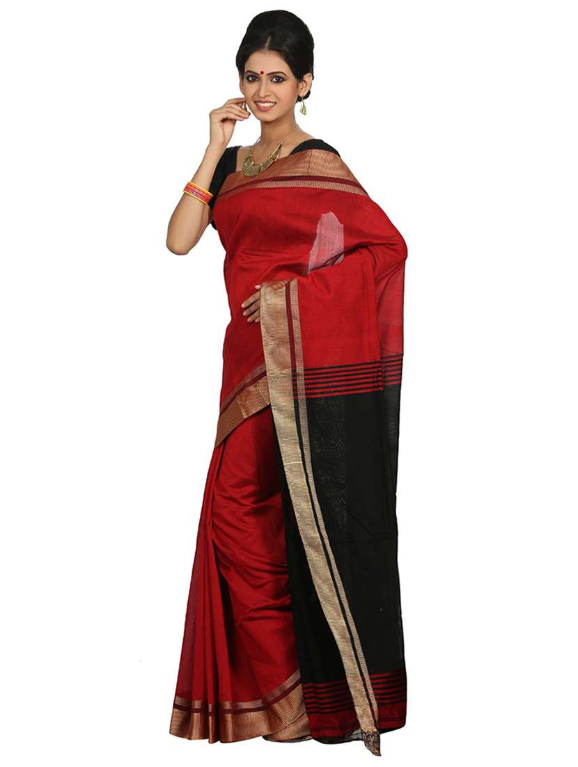 women's solid maroon colored saree with blouse
