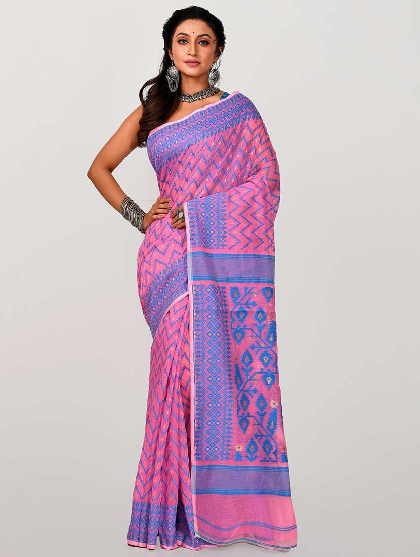 women pink & blue self design jamdani saree with blouse