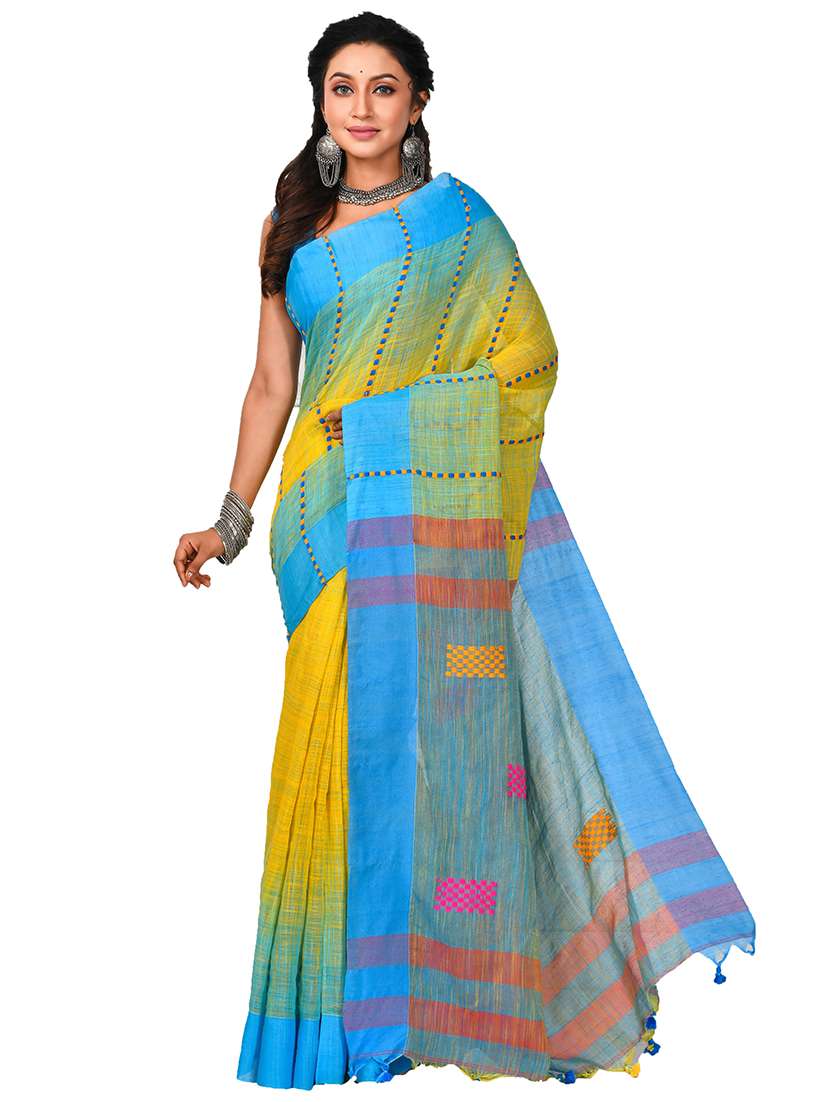 multi colored self design handloom saree with blouse - 20614309 -  Zoom Image - 0