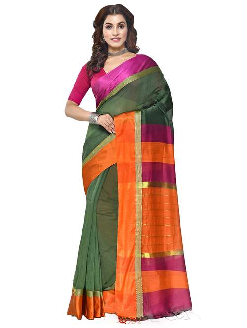 women green solid bordered saree with blouse - 20614333 -  Standard Image - 0