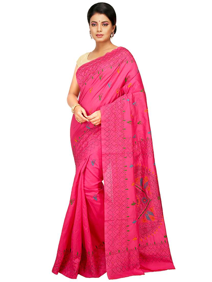 women pink embroidered saree with blouse