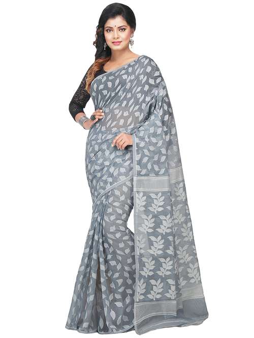 women grey self design jamdani saree with blouse - 20614339 -  Standard Image - 0
