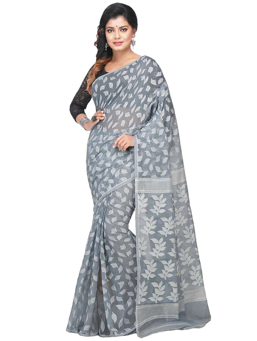 women grey self design jamdani saree with blouse - 20614339 -  Zoom Image - 0