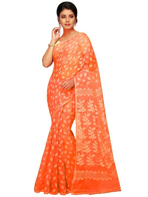 women orange self design jamdani saree with blouse - 20614341 -  Standard Image - 0
