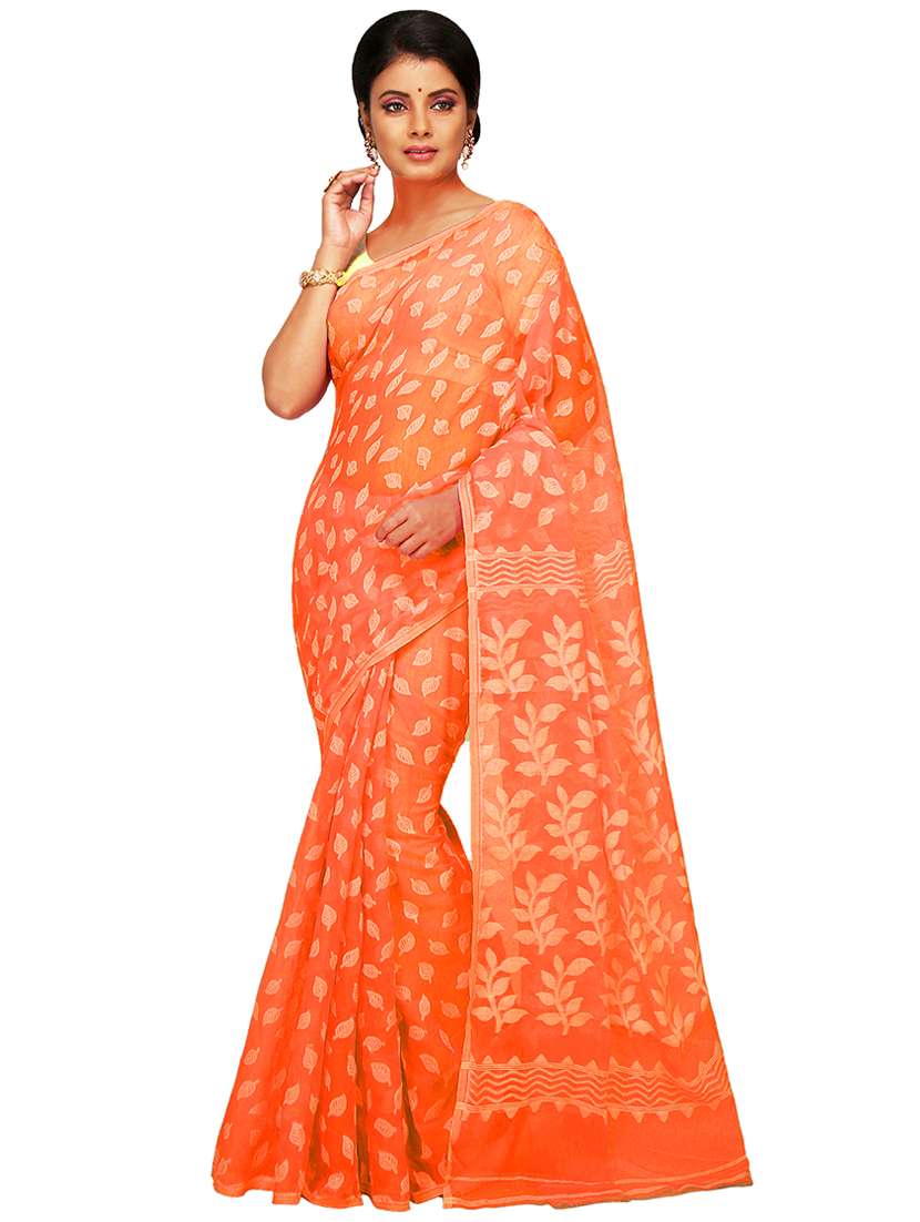 women orange self design jamdani saree with blouse
