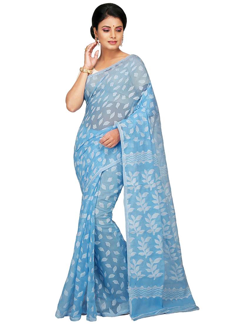 women light blue self design jamdani saree with blouse