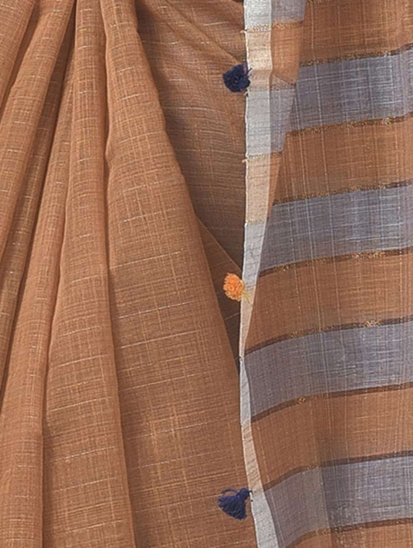 women brown solid handloom saree with blouse - 20614391 - Standard Image - 3