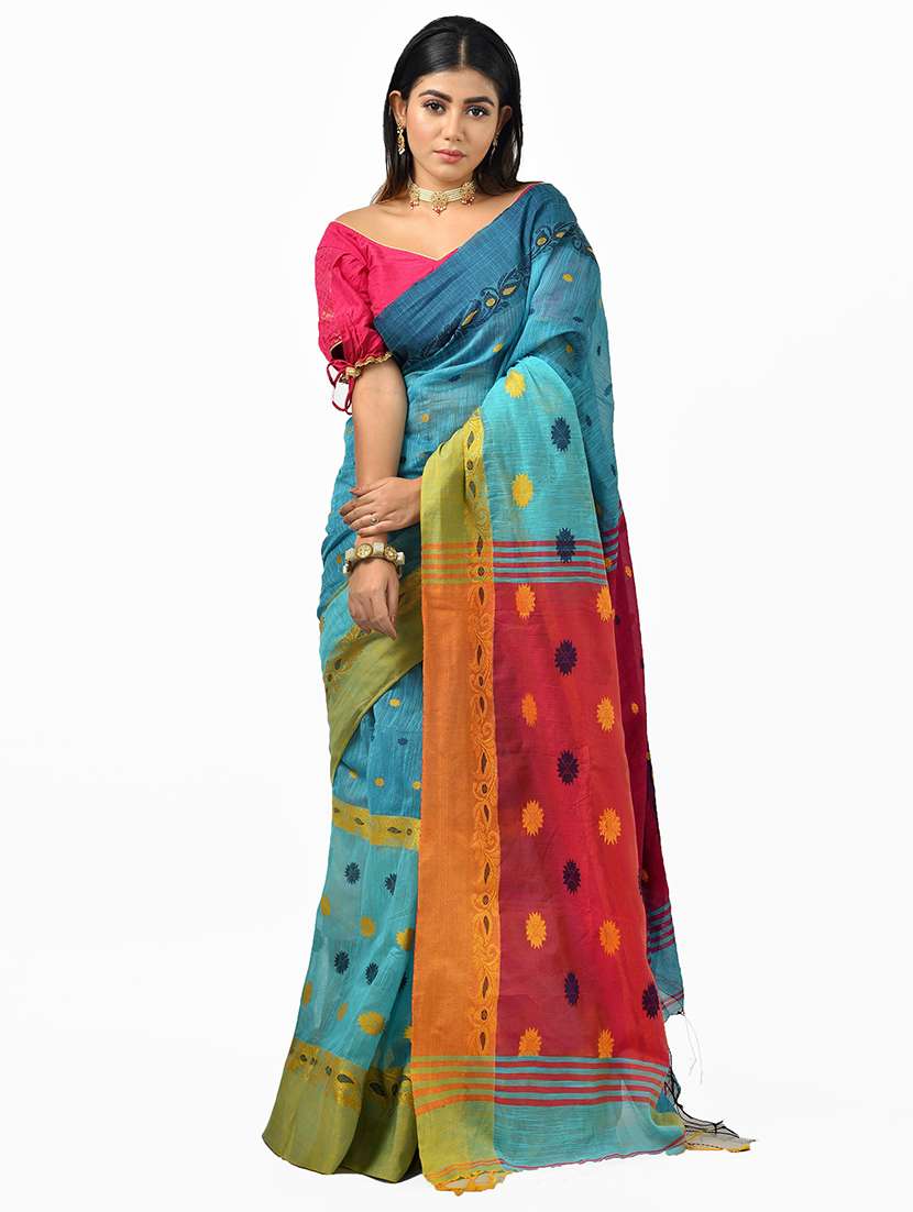 women blue self design handloom saree with blouse - 20614395 -  Zoom Image - 0