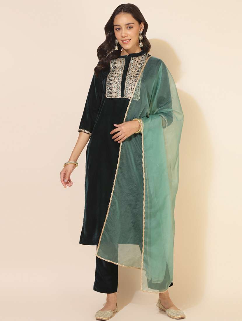 women bottle green mandarin neck kurta pant set with dupatta - 20614940 -  Zoom Image - 0