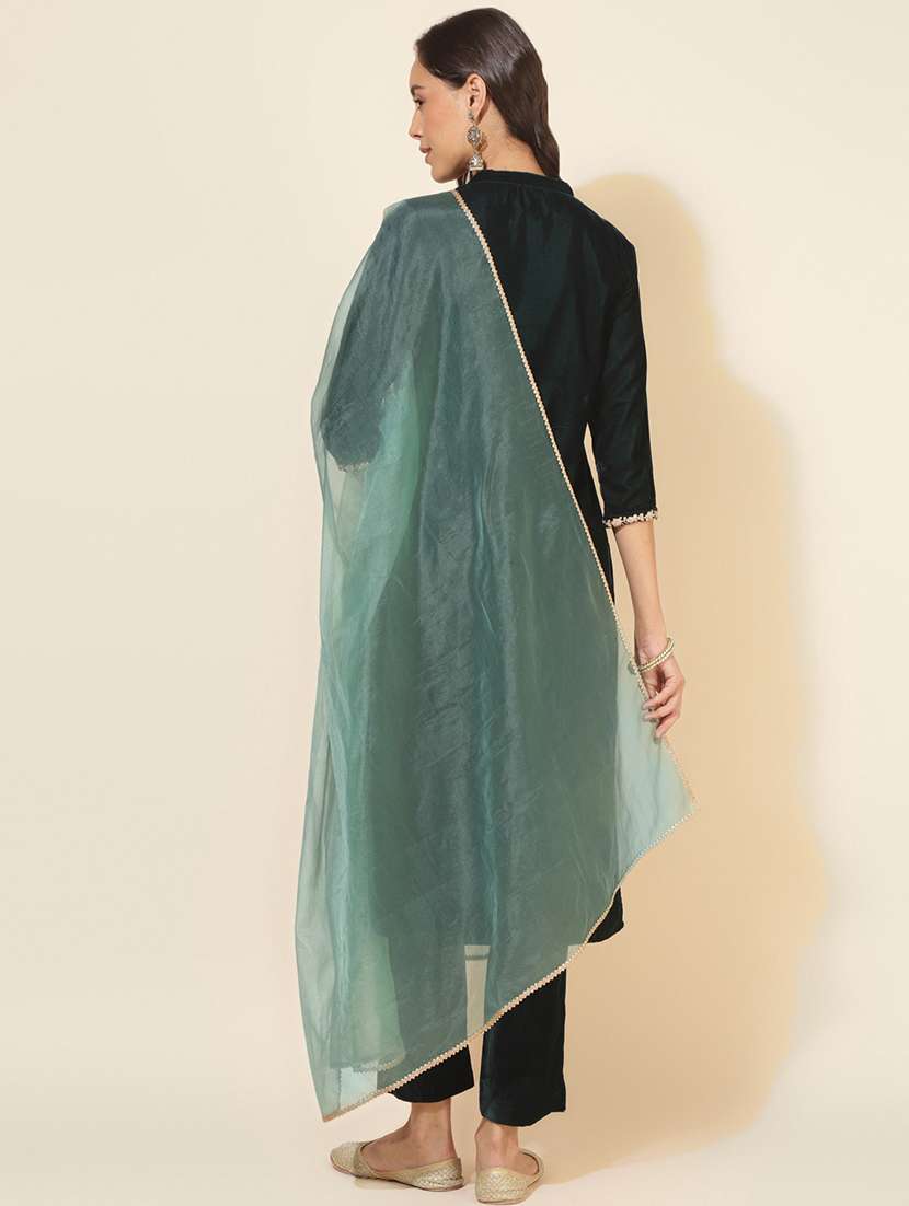 women bottle green mandarin neck kurta pant set with dupatta - 20614940 - Standard Image - 3