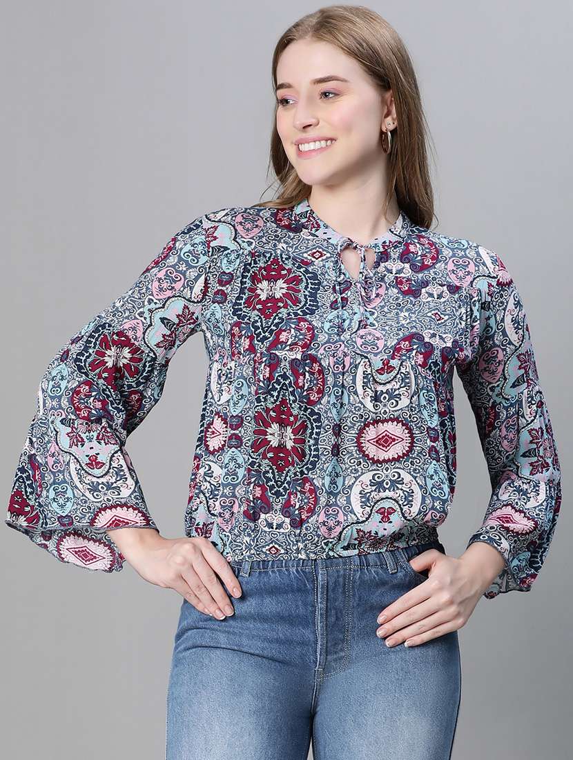 women printed tie up neck blouson top