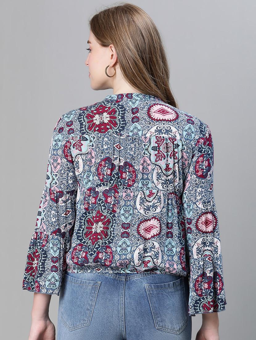 women printed tie up neck blouson top - 20615192 - Standard Image - 3