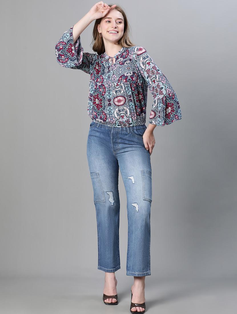 women printed tie up neck blouson top - 20615192 - Standard Image - 5