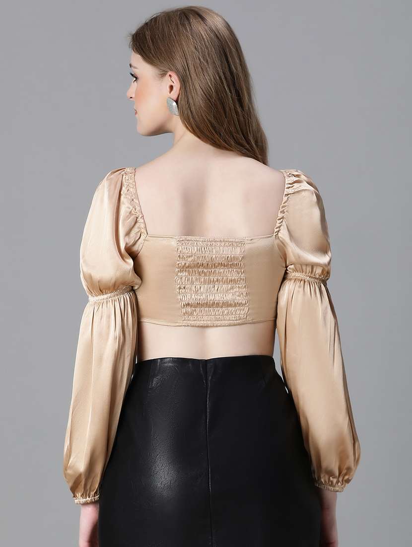 women solid smocked crop top - 20615209 -  Standard Image - 3