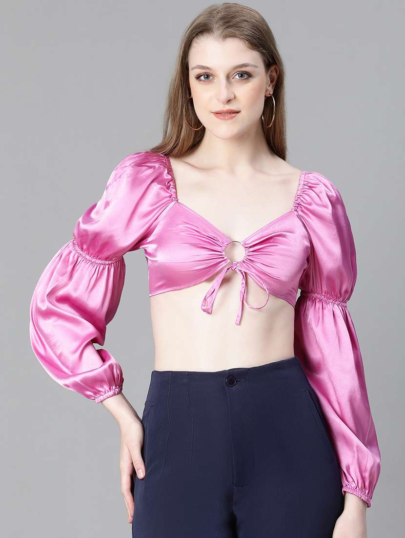 women solid smocked crop top