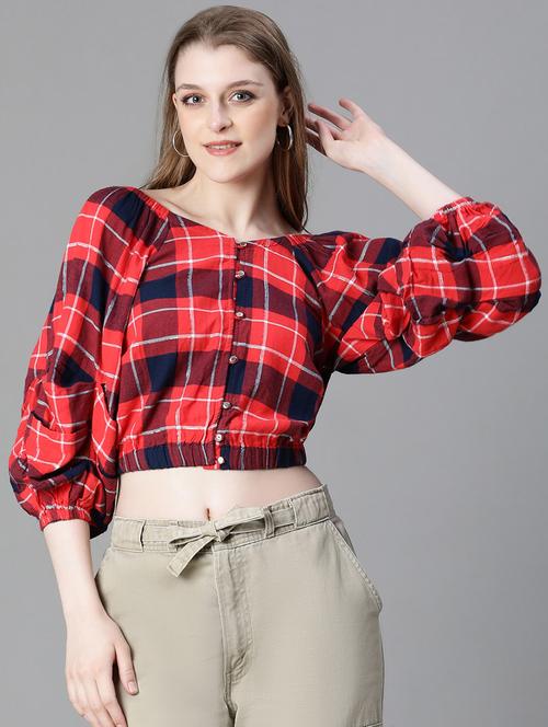 women red checkered blouson top - 20615219 -  Standard Image - 0