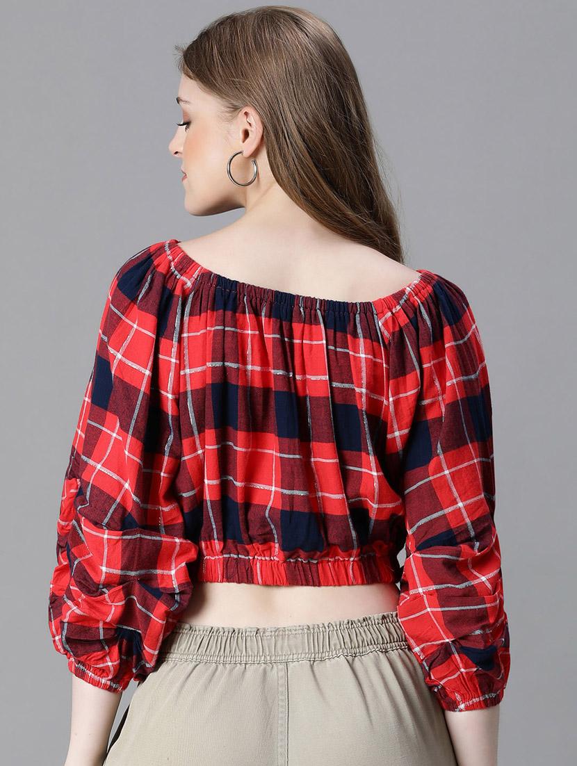 women red checkered blouson top - 20615219 - Standard Image - 3