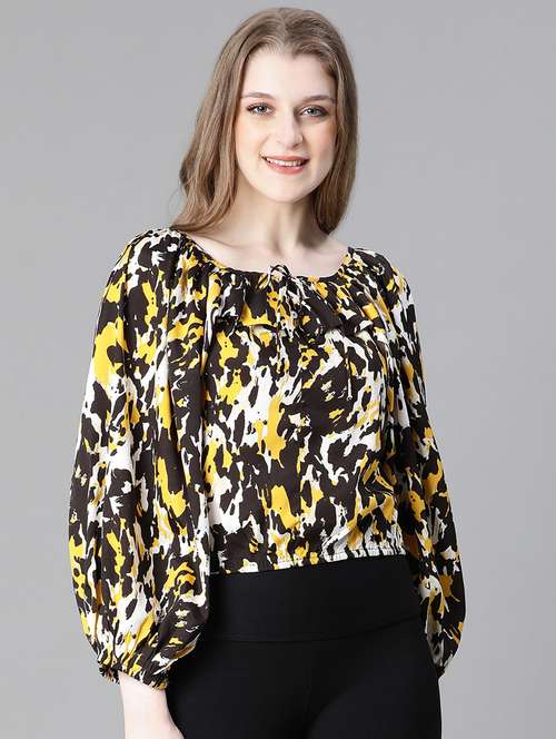 women printed tie up neck blouson top - 20615220 -  Standard Image - 0