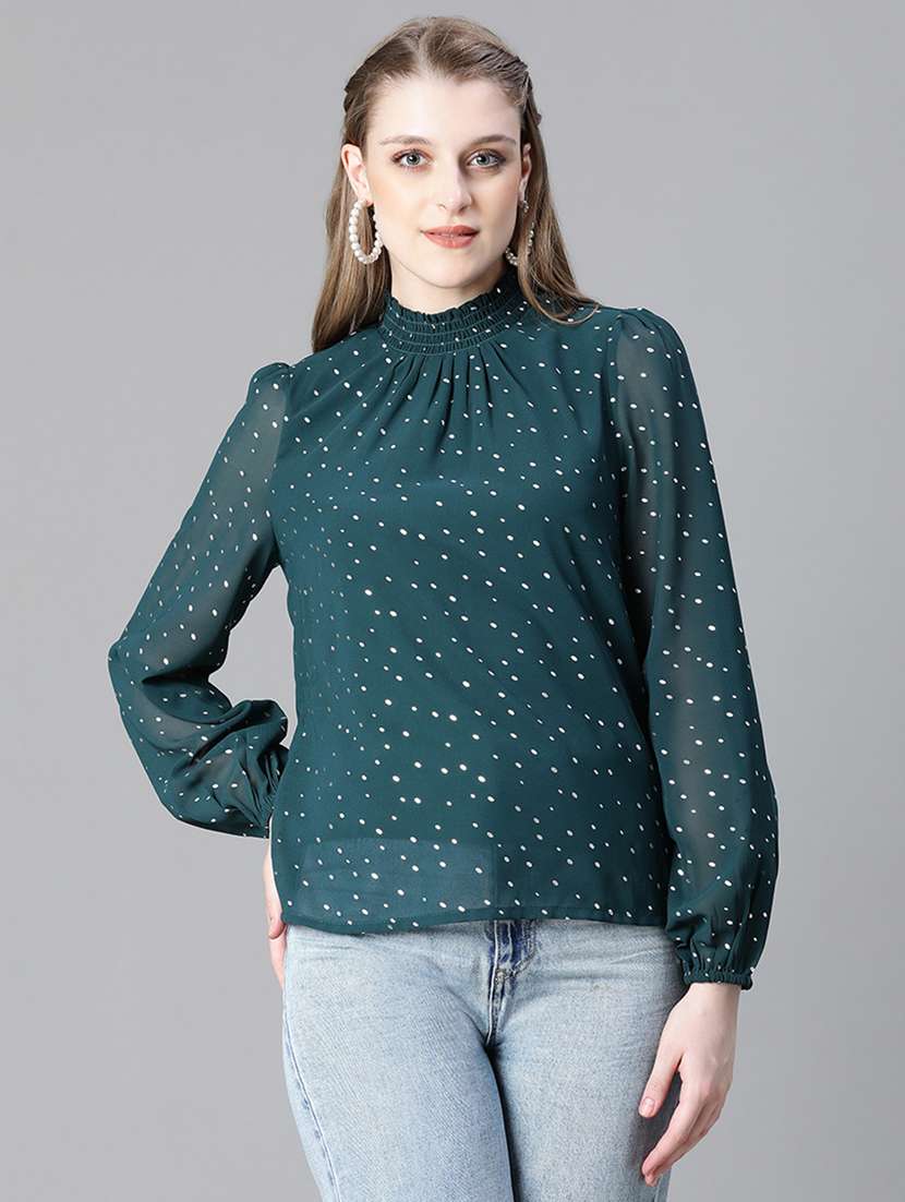 women green polka dot printed blouson top - 20615231 - Zoom Image - 0