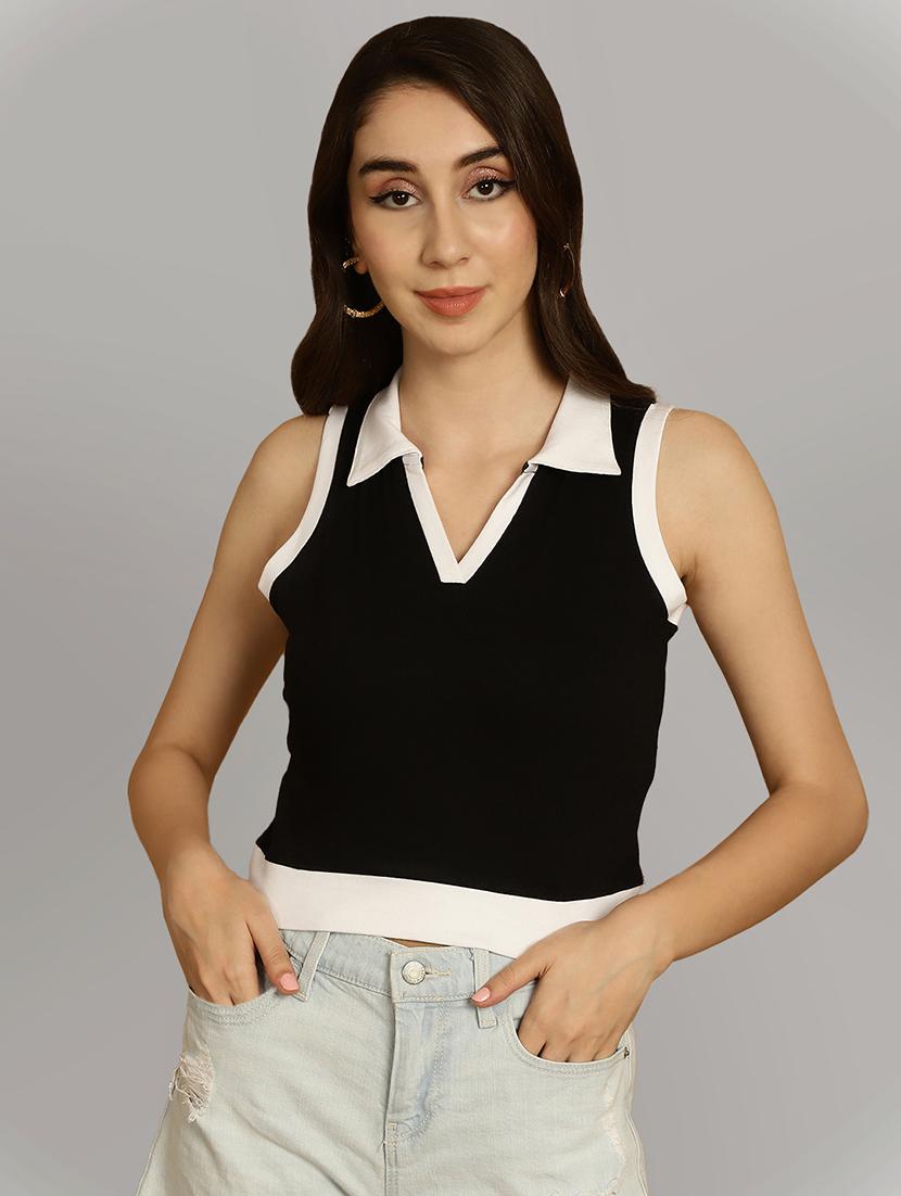 women black colourblock detailed crop top - 20615250 - Zoom Image - 0