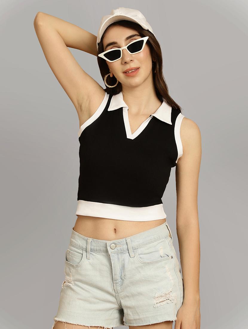 women black colourblock detailed crop top - 20615250 - Standard Image - 3