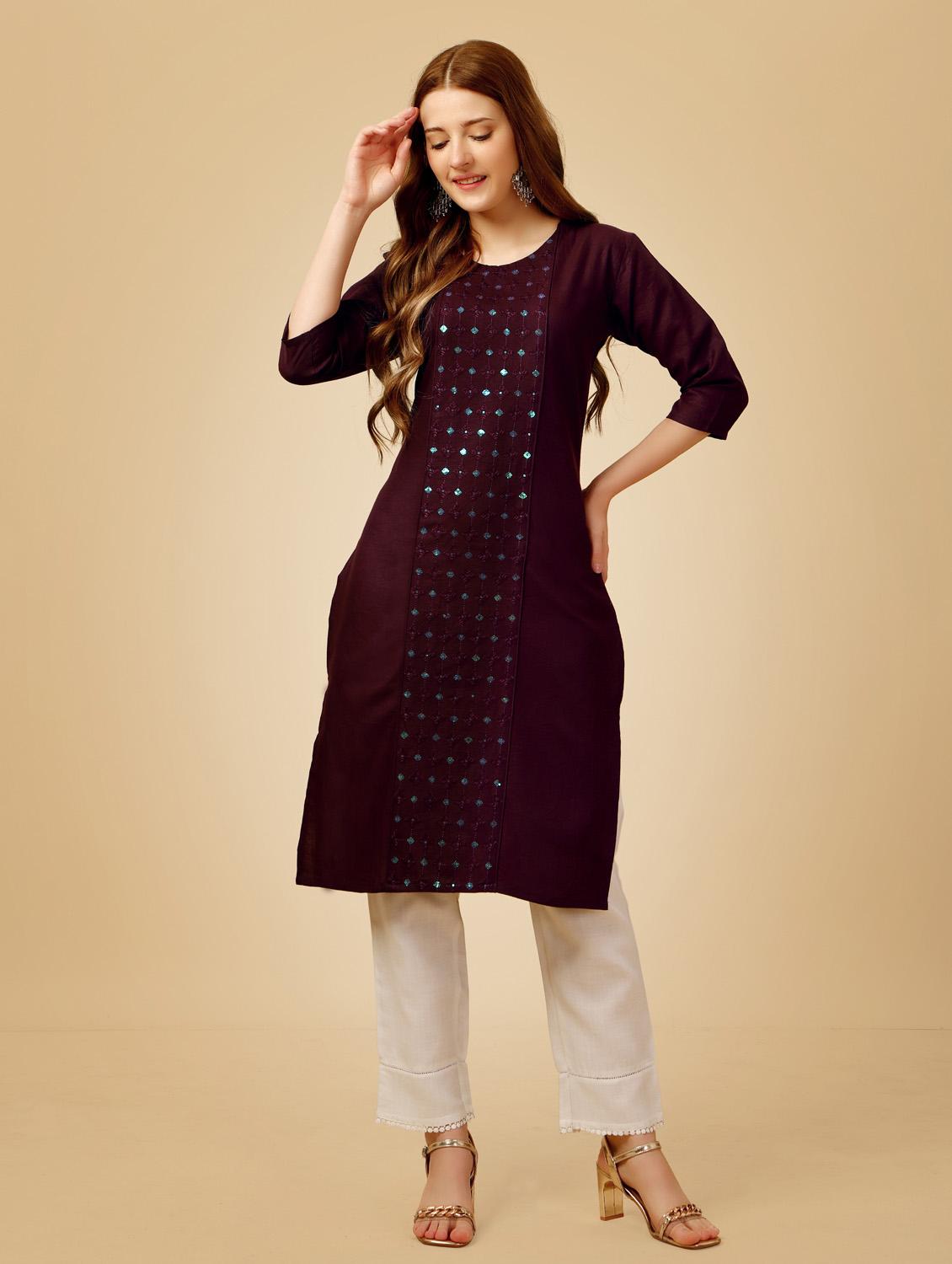 purple three quarter sleeve kurta pant set - 20615251 - Zoom Image - 0